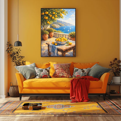 A vertical painterly illustration of a stone terrace overlooking a blue sea with sailboats. In the foreground, a wooden table holds a bowl of oranges and lemons. A citrus tree and flower-filled terracotta pots frame the view. Distant white-washed buildings sit on a coastline under a blue sky.