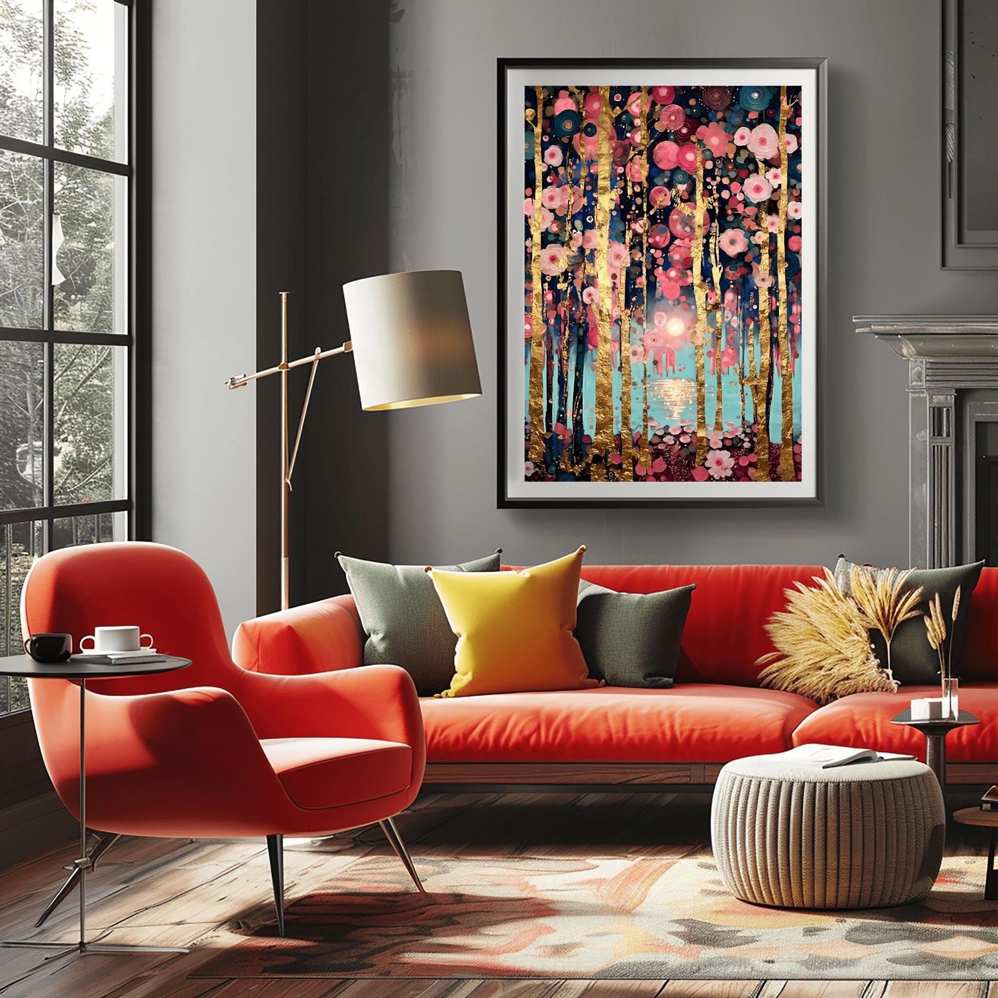 A vertical fine art print in the style of Gustav Klimt. Slender, textured gold leaf tree trunks stand against a soft teal and blue background. The branches are covered in a dense mosaic of pink and white circular flower patterns. A soft sun reflects in a pool of water in the center.