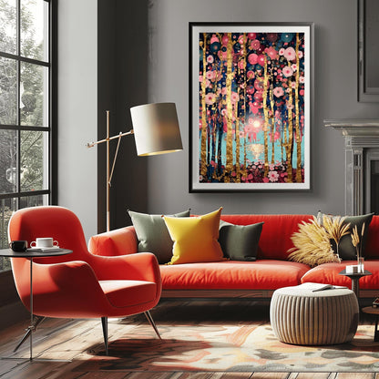 A vertical fine art print in the style of Gustav Klimt. Slender, textured gold leaf tree trunks stand against a soft teal and blue background. The branches are covered in a dense mosaic of pink and white circular flower patterns. A soft sun reflects in a pool of water in the center.