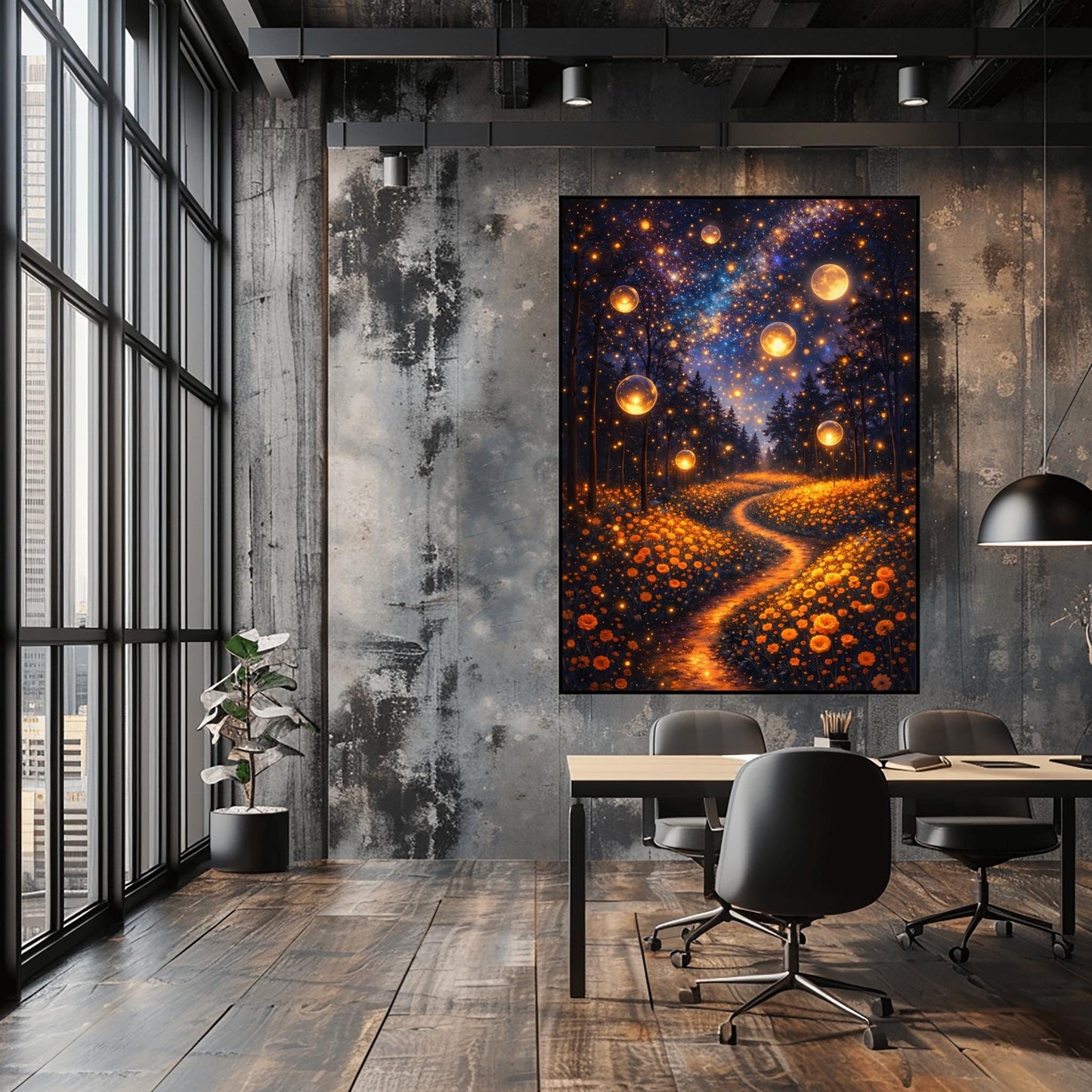 A vertical fine art print in the style of Gustav Klimt. Several large, glowing golden orbs float in a dark forest above a meadow of orange wildflowers. A winding path of golden light leads into the trees. The night sky is filled with a brilliant Milky Way and a large, glowing full moon.