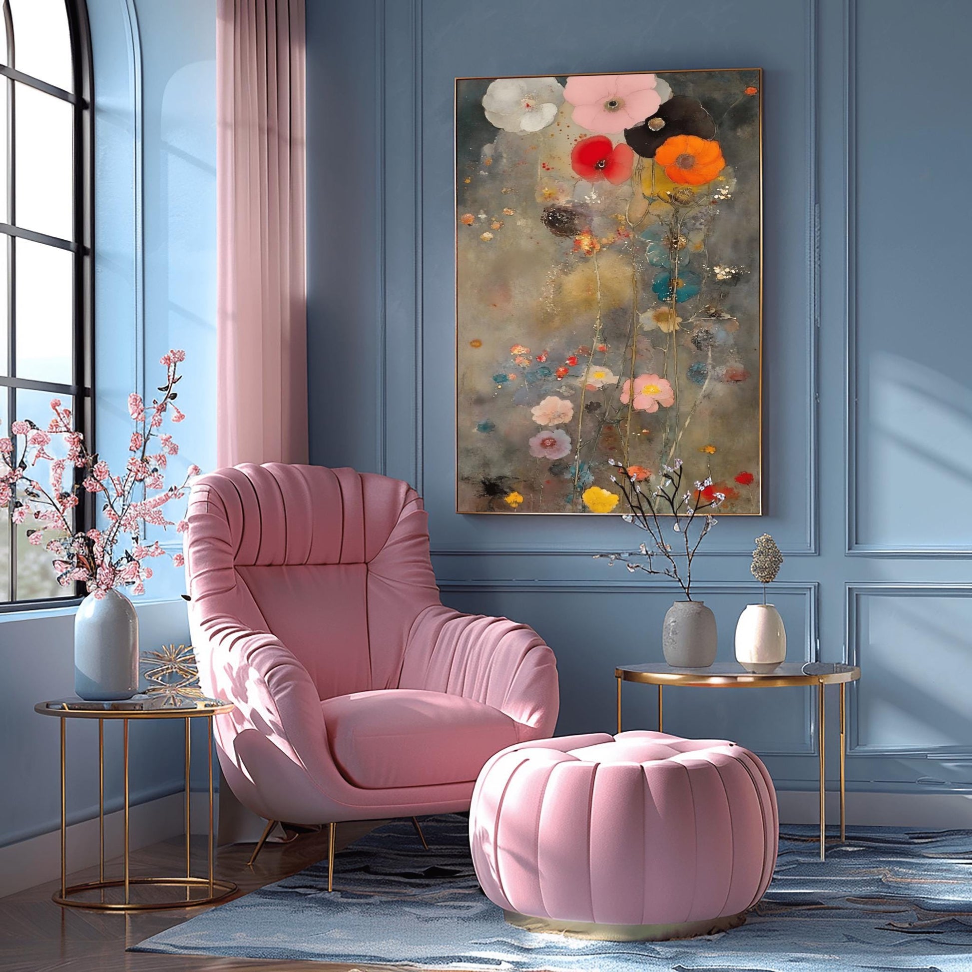 A vertical oil painting in the style of Gustav Klimt with an ethereal, muted twist. A cluster of large, soft-petaled poppies in coral, pink, and white rise from the bottom against a moody, textured grey and gold background. The painting features subtle splatters and impressionist brushwork, creating a dreamy, atmospheric garden scene.