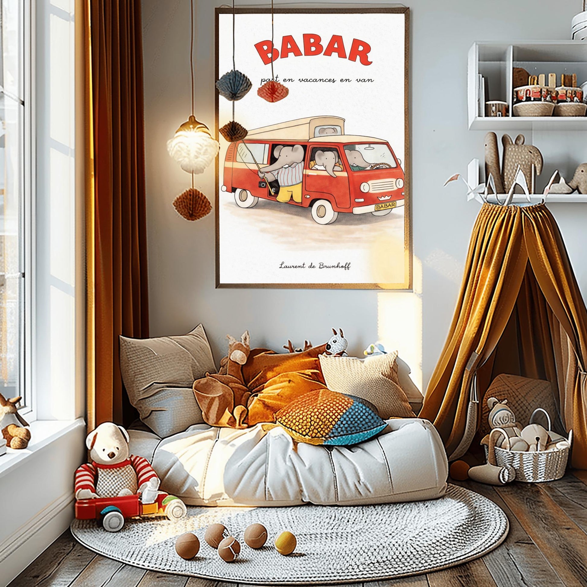 A vertical art print titled "BABAR part en vacances en van" in large red letters. A retro red and cream camper van is filled with grey elephants. One elephant in a striped shirt holds a fishing rod out the side door, and another sits in the driver's seat. The van has a "BABAR" license plate and a gold crown symbol on the grill. The artist's name, "Laurent de Brunhoff," is at the bottom of the cream-colored, textured background.