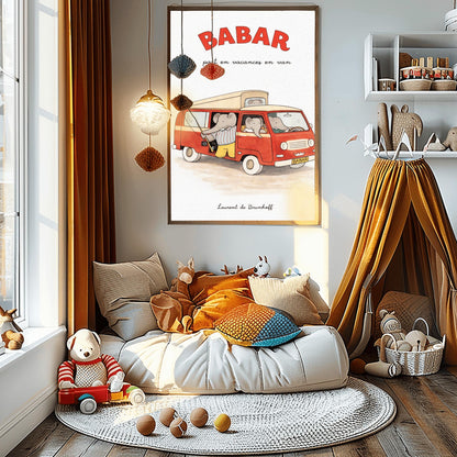 A vertical art print titled "BABAR part en vacances en van" in large red letters. A retro red and cream camper van is filled with grey elephants. One elephant in a striped shirt holds a fishing rod out the side door, and another sits in the driver's seat. The van has a "BABAR" license plate and a gold crown symbol on the grill. The artist's name, "Laurent de Brunhoff," is at the bottom of the cream-colored, textured background.