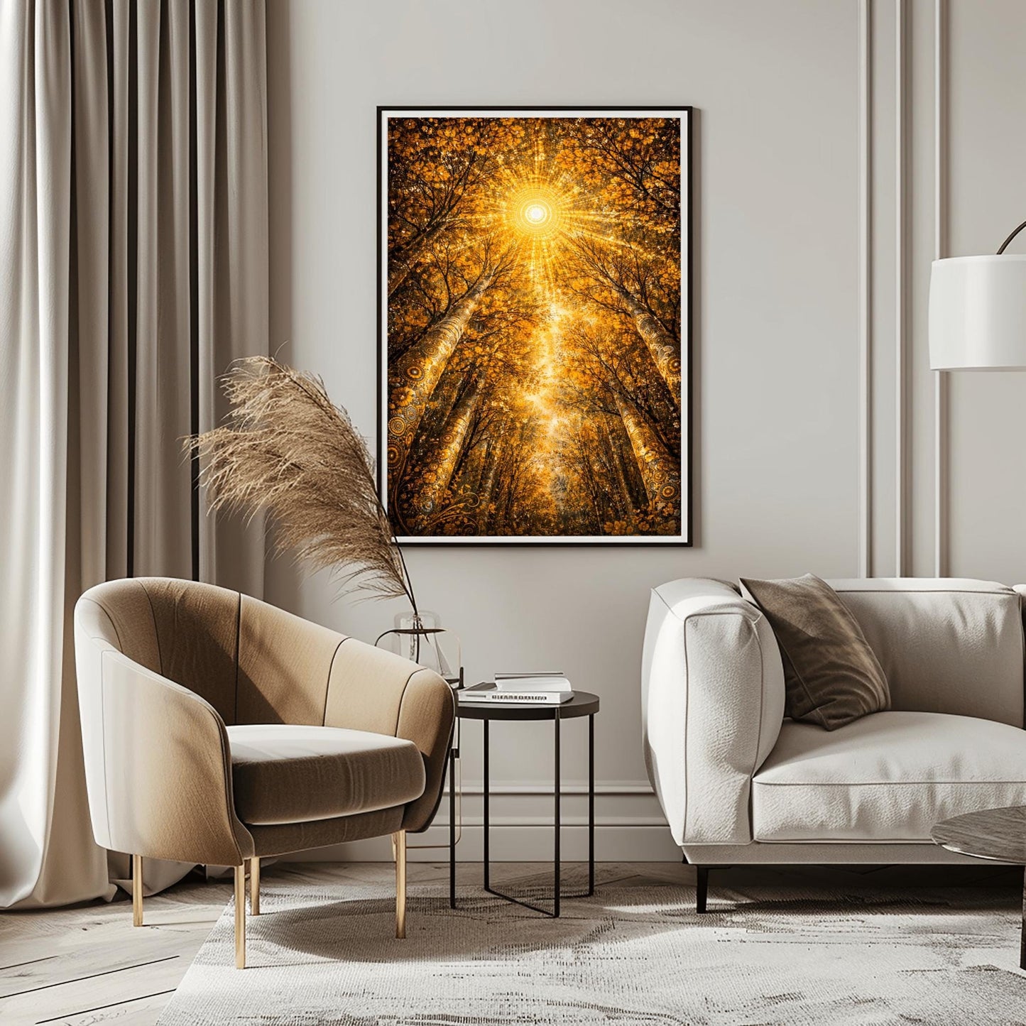 A vertical full-bleed illustration looking up from the forest floor toward a bright, geometric sun. Towering trees with golden mosaic bark frame a canopy of shimmering leaves. A large sunburst made of concentric golden dots and rays sits at the center against an amber sky.