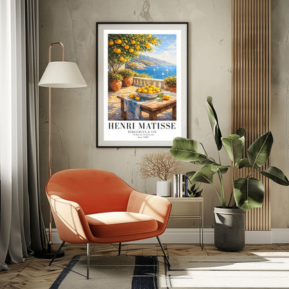 A vertical painterly illustration of a stone terrace overlooking a blue sea with sailboats. In the foreground, a wooden table holds a bowl of oranges and lemons. A citrus tree and flower-filled terracotta pots frame the view. Distant white-washed buildings sit on a coastline under a blue sky.