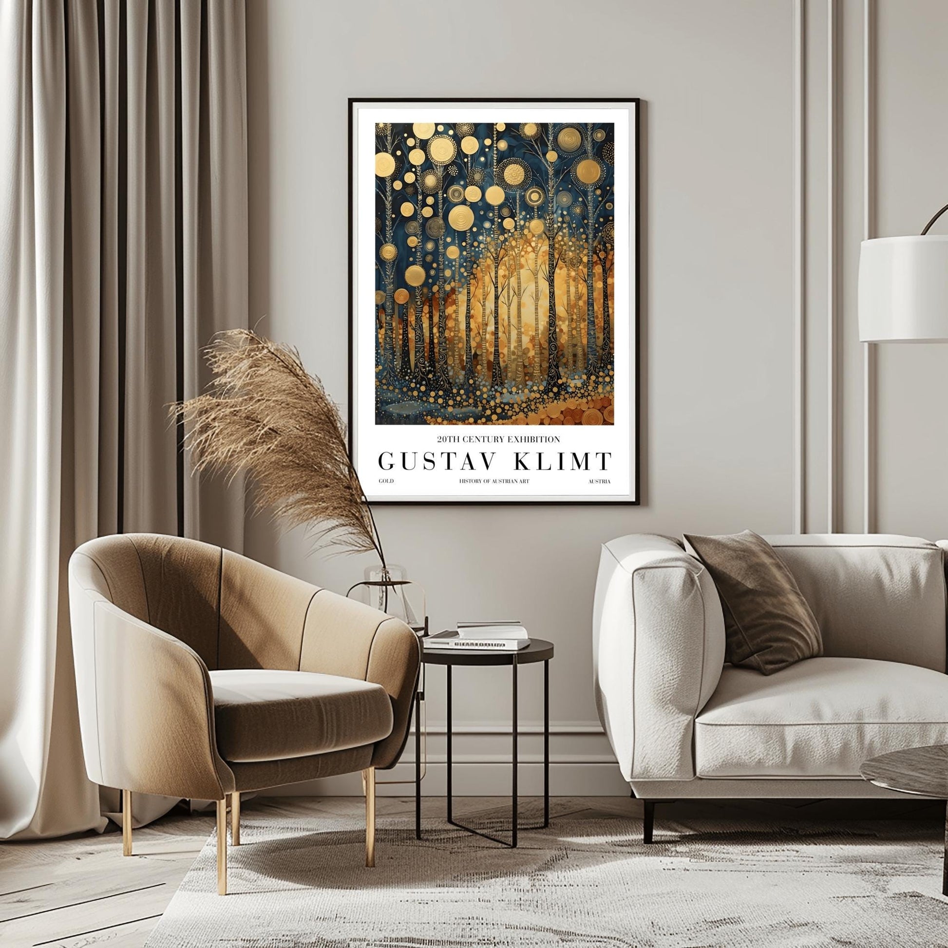 A vertical exhibition-style poster for a Gustav Klimt exhibit. The artwork features tall, slender trees with black bark covered in intricate gold scrolls and geometric patterns. Large, textured golden orbs float in the upper canopy. A warm, glowing light radiates from the center of the forest. The bottom margin features bold text reading "GUSTAV KLIMT" and "20TH CENTURY EXHIBITION."