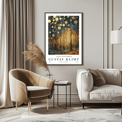 A vertical exhibition-style poster for a Gustav Klimt exhibit. The artwork features tall, slender trees with black bark covered in intricate gold scrolls and geometric patterns. Large, textured golden orbs float in the upper canopy. A warm, glowing light radiates from the center of the forest. The bottom margin features bold text reading "GUSTAV KLIMT" and "20TH CENTURY EXHIBITION."