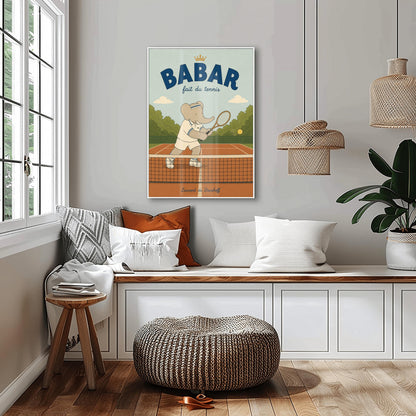 A vertical storybook-style art print featuring Babar the Elephant playing tennis. Babar is seen behind a tennis net on an orange clay court, holding a wooden racket in a backhand swing. He wears a white polo with blue stripes, white shorts, and a blue-and-white striped headband. A yellow tennis ball is in mid-air. The background has green trees and a light blue sky. The top reads "BABAR fait du tennis" with a small gold crown.