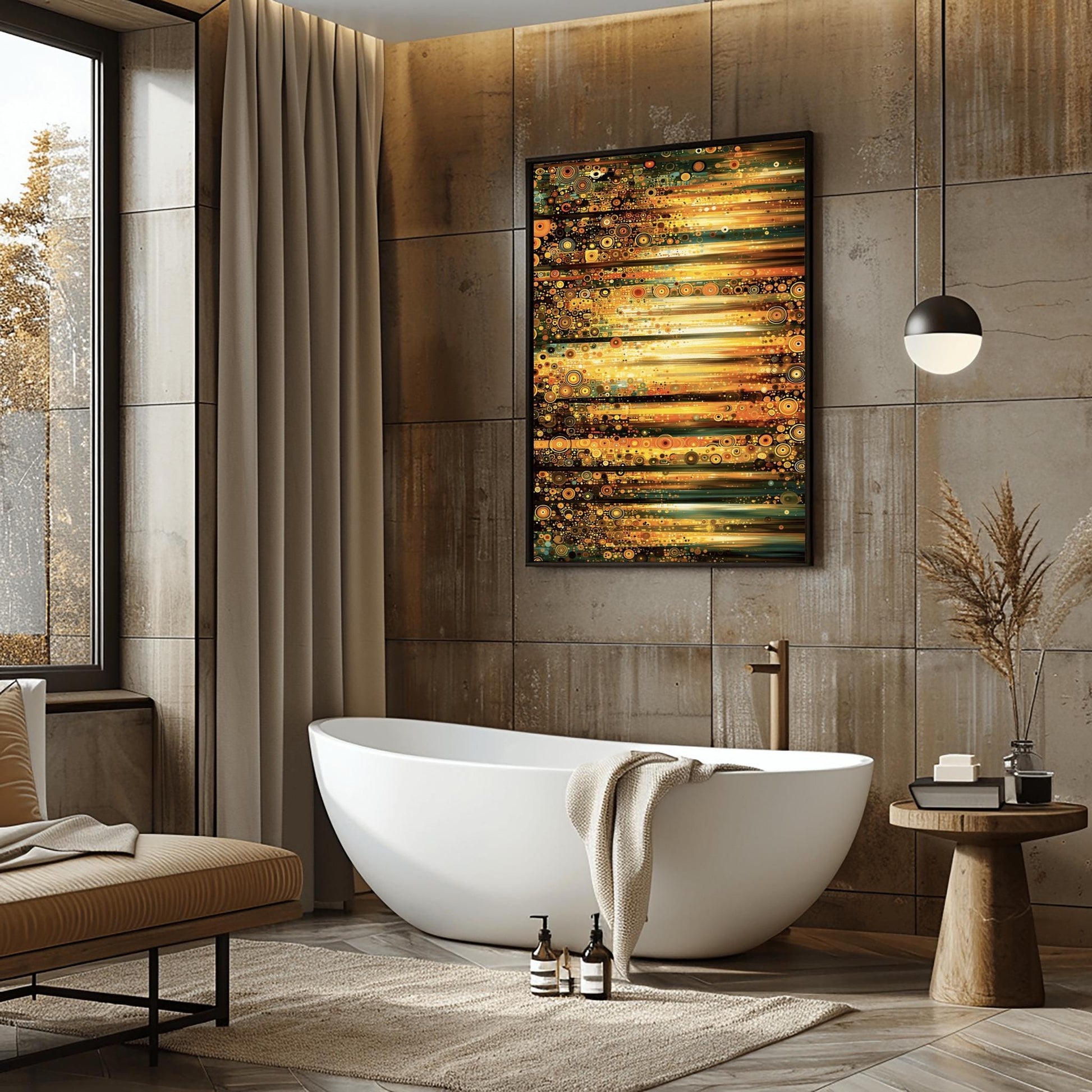 A horizontal abstract fine art print in the style of Gustav Klimt. The composition is made of horizontal bands of light and dark. Each band is filled with thousands of small mosaic circles and geometric patterns in shades of gold, amber, dark green, and teal. The center glows with a bright, sun-like yellow light.