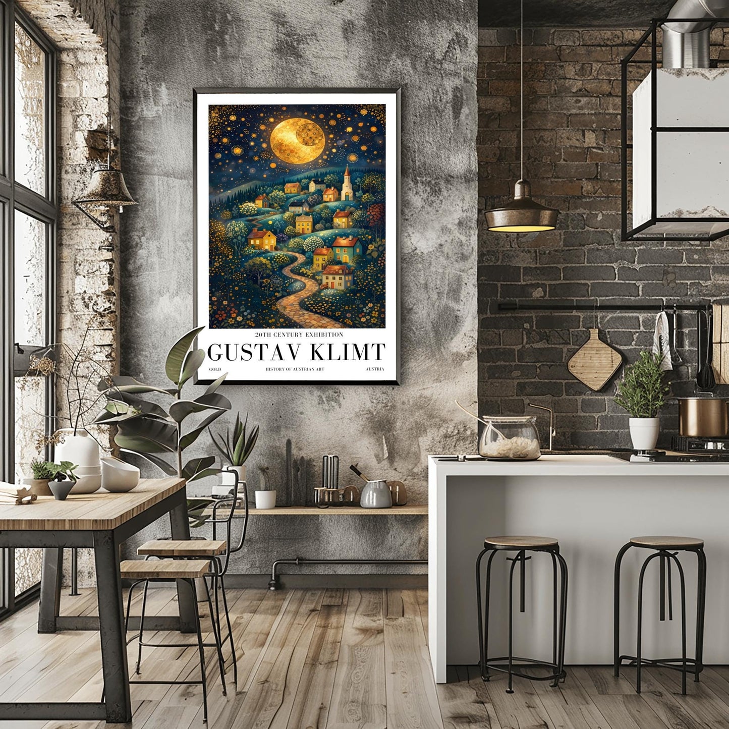 A vertical fine art exhibition poster in the style of Gustav Klimt. A winding cobblestone path leads up a hillside filled with small, colorful houses and a church under a massive golden mosaic moon. The sky is deep blue and filled with golden stars and spirals. Bold black text at the bottom reads "GUSTAV KLIMT" and "HISTORY OF AUSTRIAN ART."