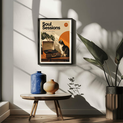 A vertical retro fine art poster titled "Soul Sessions" on a wide cream border. The design features a bold black heading at the top above the text "GOOD MUSIC. GOOD COMPANY." In the central artwork, a black and white tuxedo cat sits contentedly next to an open tan Crosley record player spinning a vinyl record. A large orange sun shape and a monstera plant decorate the background.