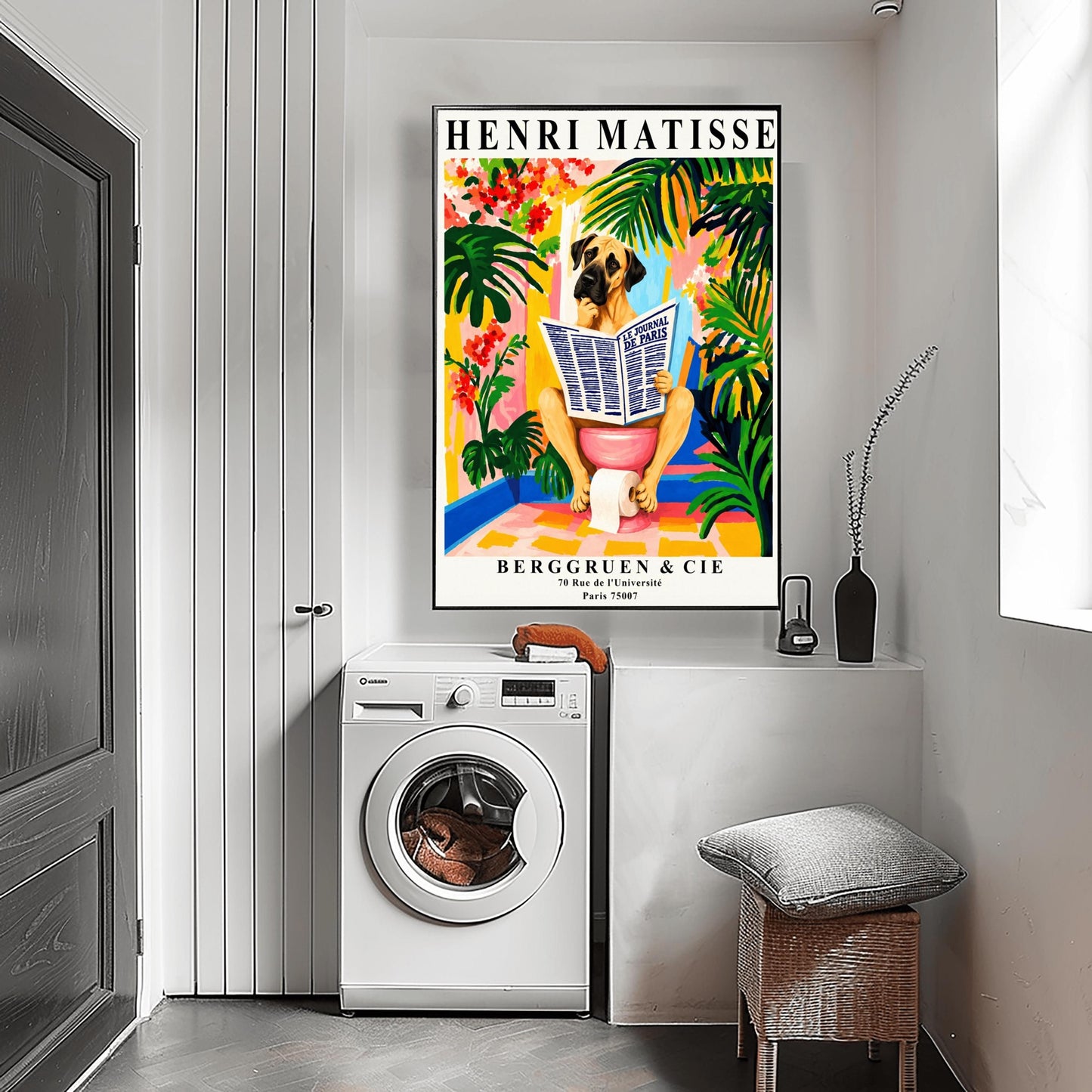 A vertical retro exhibition poster for Henri Matisse set on a wide cream border. The central image shows a colorful, painterly Fauvism illustration of a large Great Dane dog sitting on a pink toilet. The dog has its paw on its chin, thoughtfully reading a large newspaper titled "LE JOURNAL DE PARIS". The background is a vibrant bathroom filled with oversized green monstera leaves, tropical plants, yellow and pink walls, and red flowers.