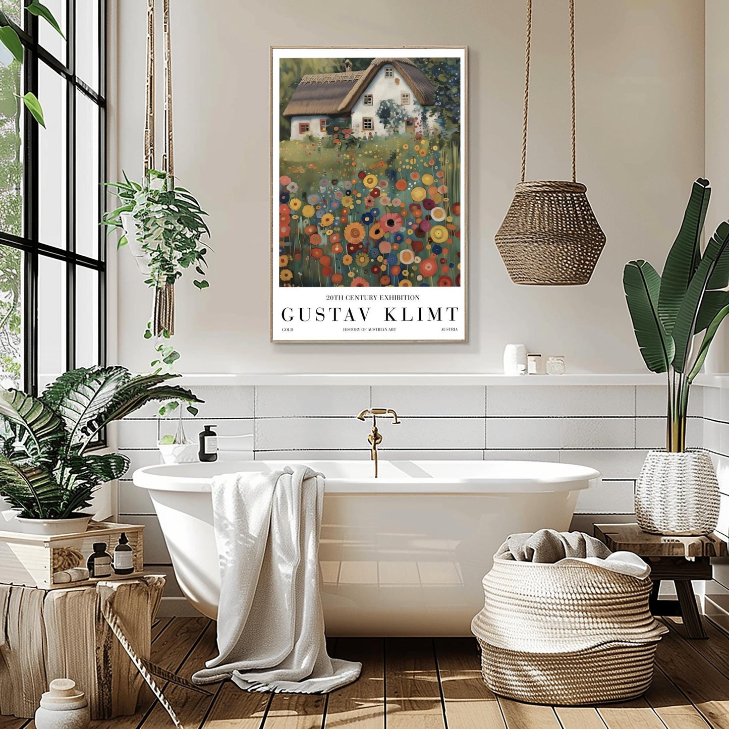 A vertical oil painting in the style of Gustav Klimt. A white-washed cottage with a brown thatched roof sits behind a dense field of colorful, circular wildflowers in shades of orange, red, blue, and yellow. The style features heavy, decorative textures and subtle golden highlights throughout the garden and roof.