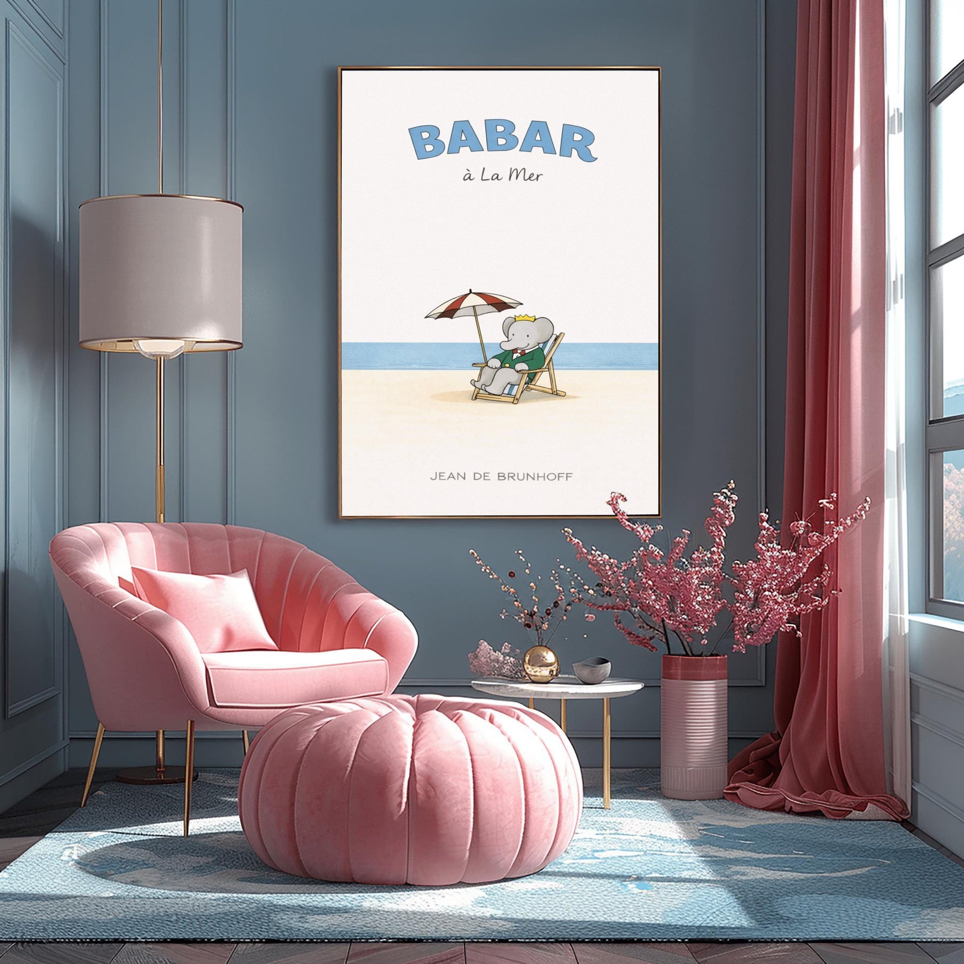 A vertical children's illustration poster titled "BABAR à La Mer" in light blue. In the center, an elephant (Babar) in a green suit and crown is sitting in a wooden lounge chair on a sandy beach. A red and white striped umbrella is behind him. In the background, a thin blue line represents the sea under a white sky. The name "JEAN DE BRUNHOFF" is at the bottom.