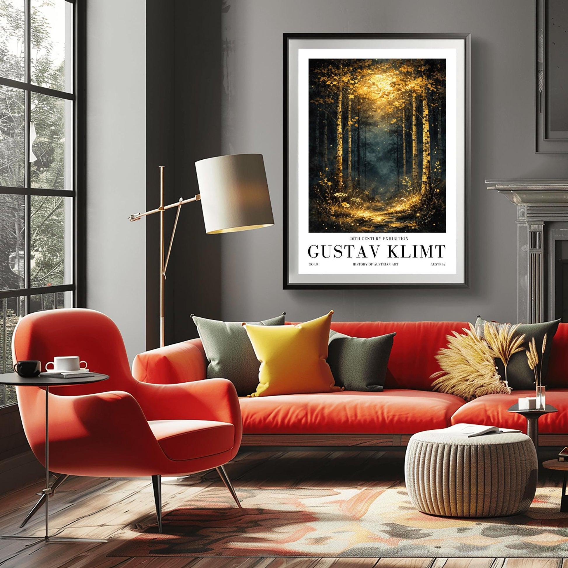 A vertical Art Nouveau illustration of a forest path at night or twilight. Golden birch trees with detailed bark frame a trail that leads into a misty forest. The path and foreground flowers are illuminated by a radiant golden light from above, filled with shimmering stardust.