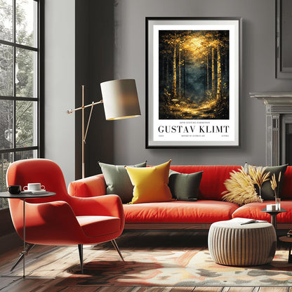 A vertical Art Nouveau illustration of a forest path at night or twilight. Golden birch trees with detailed bark frame a trail that leads into a misty forest. The path and foreground flowers are illuminated by a radiant golden light from above, filled with shimmering stardust.