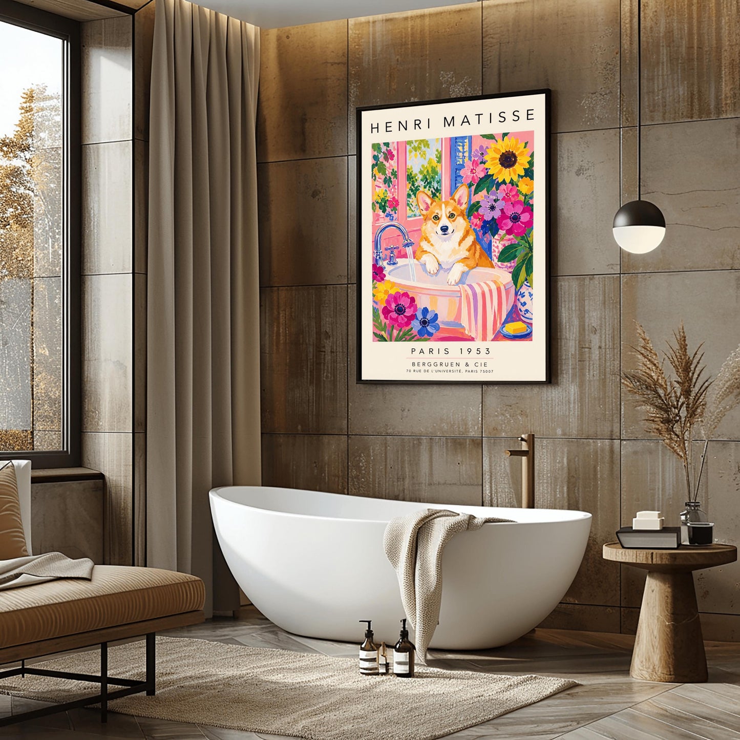 A vertical maximalist art print styled as a Henri Matisse exhibition poster. A tan and white Pembroke Welsh Corgi dog with large ears stands in a white bathroom sink under a running silver faucet. The room features pink walls and is filled with large sunflowers and pink and purple blossoms. A pink and white striped towel hangs from the side of the sink. A window in the background looks out onto a leafy green garden. Bold black text at the top and bottom