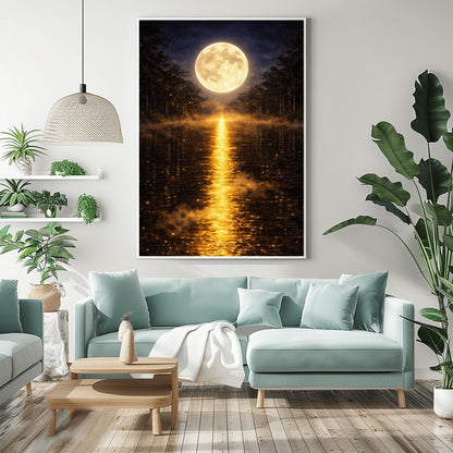 A vertical Art Nouveau-style illustration of a calm lake at night. A large, radiant golden moon is centered in the sky, reflecting a long, shimmering path of golden light vertically down the water. The shoreline is silhouetted by dark trees and a golden mist filled with fireflies.