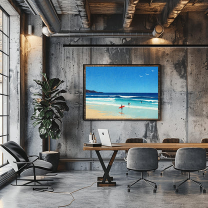 A horizontal minimalist art print of a bright beach day. A vast blue sky with three small white birds in flight sits above a turquoise ocean with gentle white waves. In the foreground, a sandy beach meets the water. A lone surfer in a black wetsuit holds a bright red surfboard on the shore, while two other surfers are further out in the water. A dark cliff is visible on the far left horizon. The style is clean and graphic with a subtle paper texture.