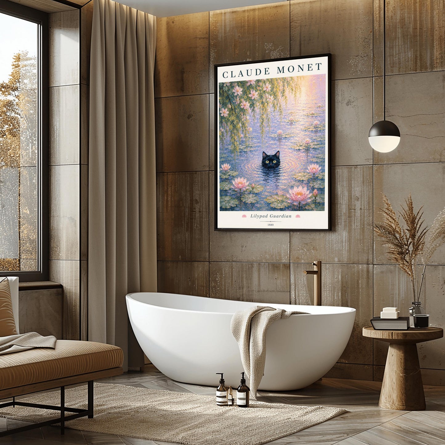 A vertical impressionist-style art print titled "Lilypad Guardian." A black cat with bright yellow eyes is submerged up to its chin in a pond filled with pink water lilies and green lily pads. Weeping willow branches hang from above. The top of the print features "CLAUDE MONET" in a dark serif font, and the bottom includes the title and the year 1889. The colors are soft pastels with a heavy, textured paint effect.