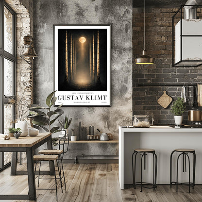 A vertical, perfectly symmetrical illustration of a birch forest at night. Three slender birch trees frame each side of a central path. A golden moon at the top center casts a beam of light downward onto a glowing forest floor. The trees feature intricate golden mosaic bark.