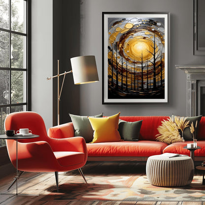 A vertical abstract painting in the style of Gustav Klimt. A group of black, silhouetted tree trunks stand in the foreground against a massive, swirling sun composed of concentric rings of gold, silver, and cream. The background is a dark, moody grey. The style features heavy, thick paint textures and metallic-looking circular accents scattered throughout.