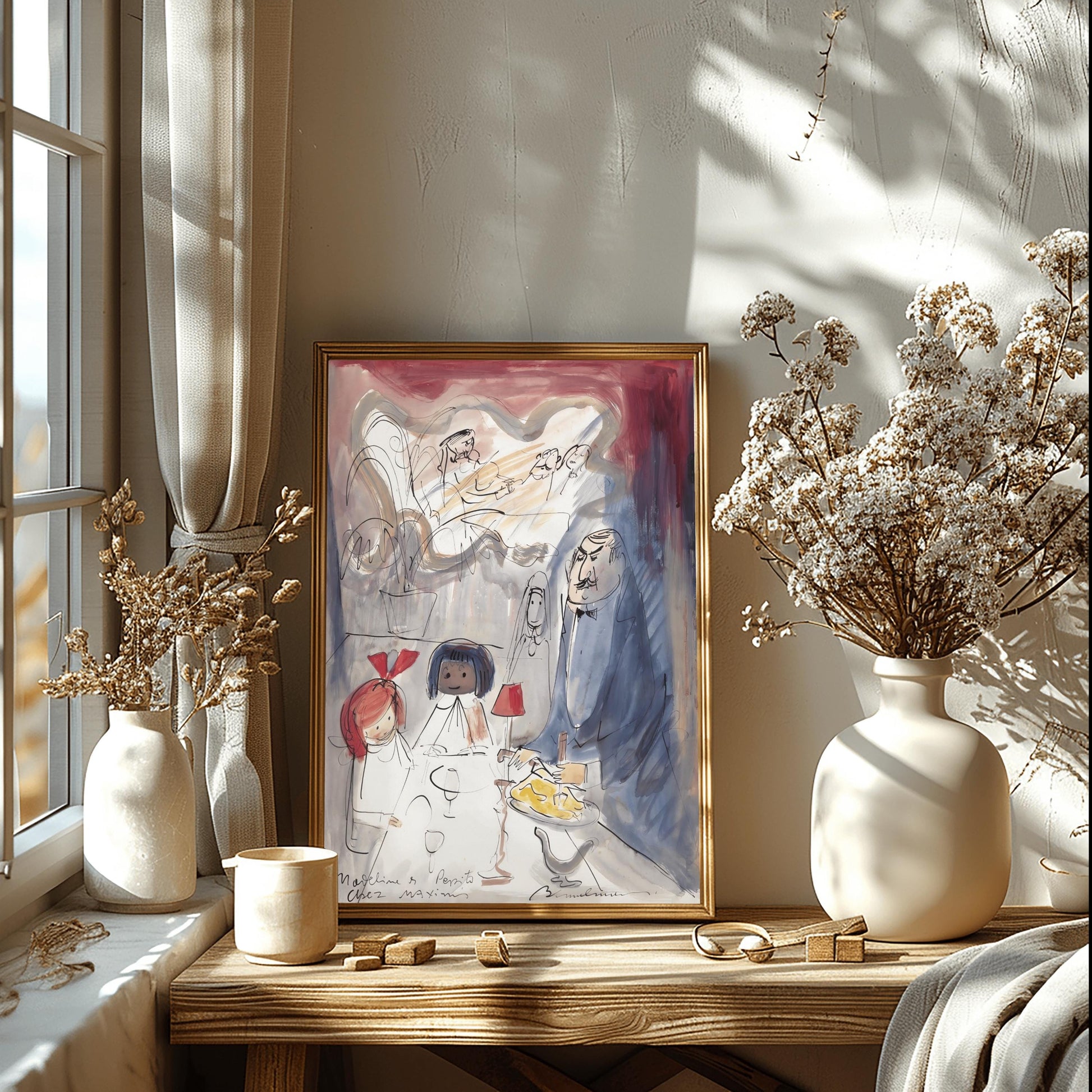 A vertical fine art exhibition poster showing an authentic illustration by Ludwig Bemelmans, as seen in Screenshot 2026-05-28 at 09.32.54.png. Set within a wide white border, the ink and watercolor painting depicts Madeline and Pepito sitting at a table inside the restaurant Maxim's in Paris. A large waiter in a blue suit carves a dish tableside next to Miss Clavel, while a violinist is visible in the background mirror. Handwritten text at the bottom reads "Madeline & Pepito Chez Maxim's".