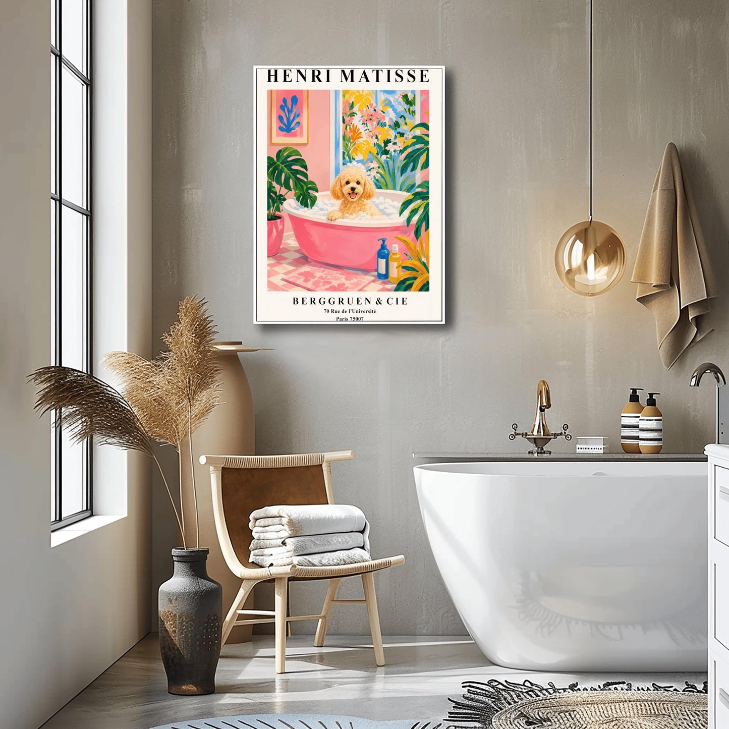 A vertical fine art exhibition poster in the style of Henri Matisse featuring a wide cream border. Bold black text reads "HENRI MATISSE" at the top and "BERGGRUEN & CIE" with a Parisian address at the bottom. The central painting shows an apricot toy poodle dog sitting in a pink bubble bath surrounded by a pink checkered floor, a monstera plant, and a large window overlooking colorful yellow and pink garden plants.