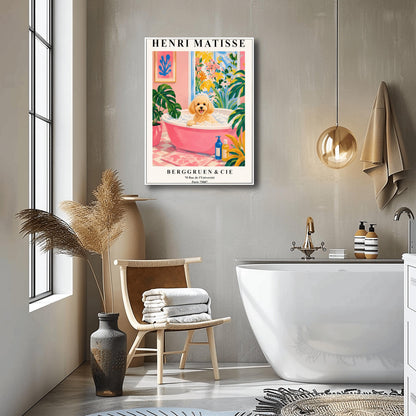 A vertical fine art exhibition poster in the style of Henri Matisse featuring a wide cream border. Bold black text reads "HENRI MATISSE" at the top and "BERGGRUEN & CIE" with a Parisian address at the bottom. The central painting shows an apricot toy poodle dog sitting in a pink bubble bath surrounded by a pink checkered floor, a monstera plant, and a large window overlooking colorful yellow and pink garden plants.
