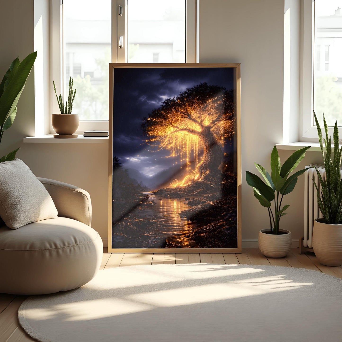 A vertical full-bleed illustration of a large weeping willow tree glowing with golden light in a stormy mountain valley. The tree stands by a dark river reflecting its gold light. The background features dark, rainy mountains and a moody indigo sky in the style of Gustav Klimt.