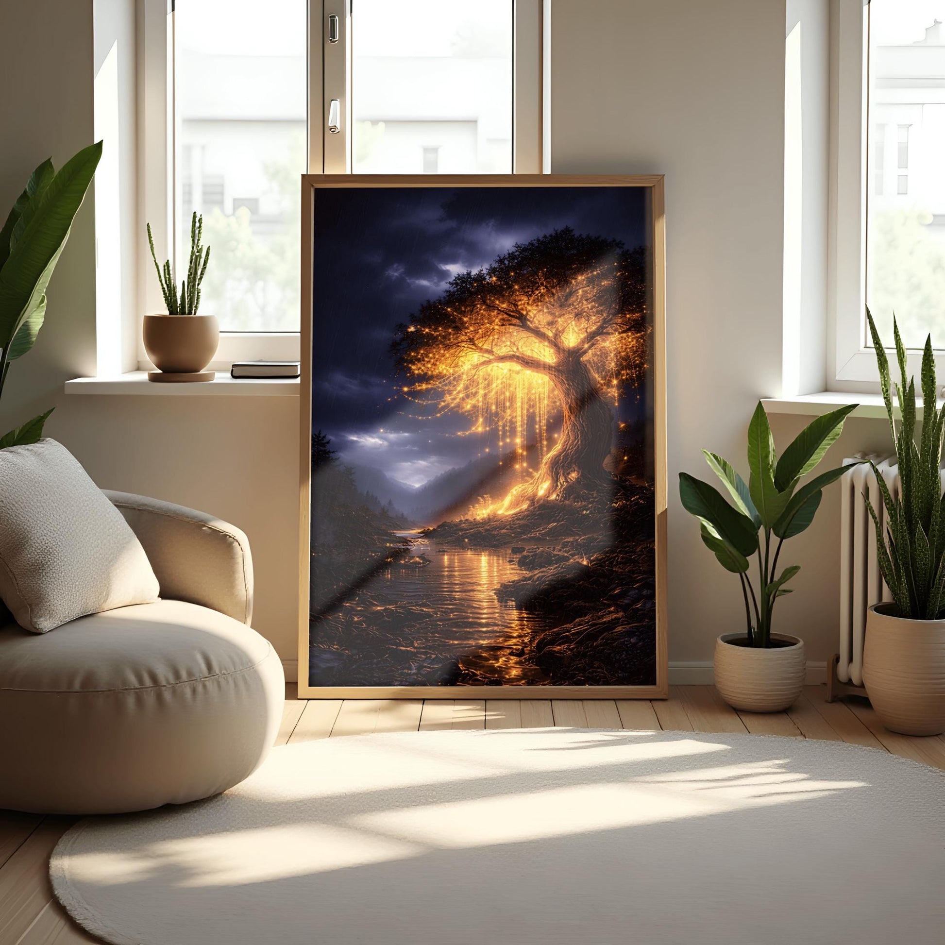 A vertical full-bleed illustration of a large weeping willow tree glowing with golden light in a stormy mountain valley. The tree stands by a dark river reflecting its gold light. The background features dark, rainy mountains and a moody indigo sky in the style of Gustav Klimt.