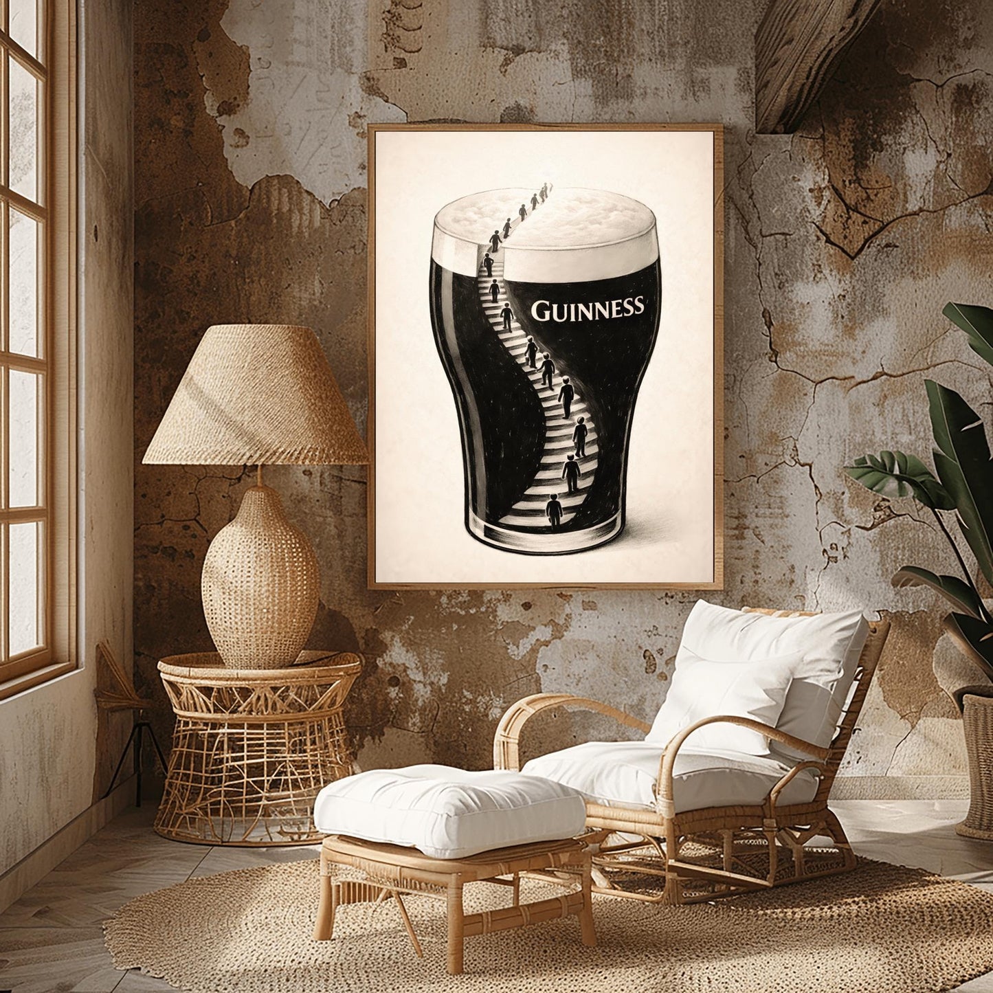 A vertical charcoal-style illustration of a pint of Guinness. A winding staircase is carved into the dark body of the stout, with several small human silhouettes climbing the stairs toward the white foam at the top. The background is a clean, off-white textured paper.