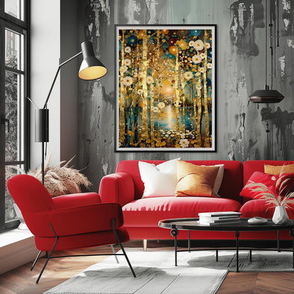A vertical landscape painting in the style of Gustav Klimt. Slender birch tree trunks with gold-leaf textures stand in a dense forest. The ground is covered in stylized, mosaic-like circular flowers in cream, gold, and teal. In the background, a glowing sun reflects on a dark blue lake. The overall style is rich in texture with heavy impasto brushstrokes and a deep, opulent color palette.