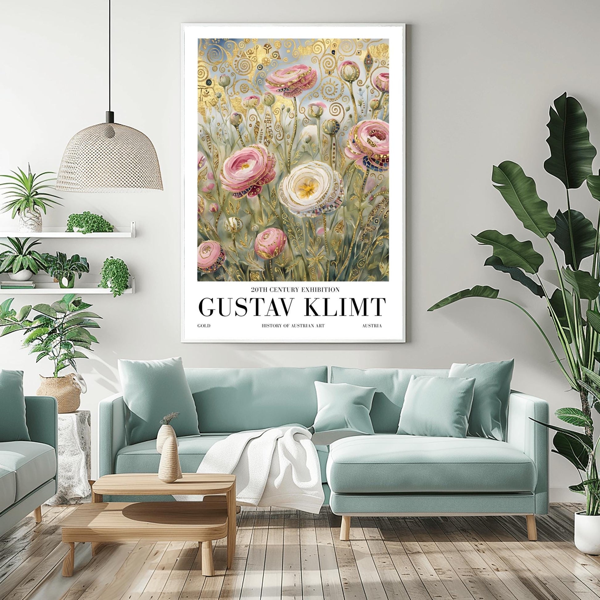 A vertical museum exhibition poster in the style of Gustav Klimt. Large pink and white roses with golden edges grow in a field. The background is filled with ornate gold leaf spirals and geometric patterns against a soft light-blue sky. Bold black text at the bottom reads "GUSTAV KLIMT" and "BOTANICAL EXCELLENCE."