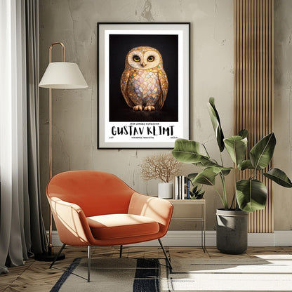 A vertical full-bleed illustration of a barn owl in the style of Gustav Klimt. The owl's body is a complex mosaic of gold, cream, and iridescent pastel tiles with small colorful gemstones embedded in the wings. It has large dark eyes and stands against a solid black background.