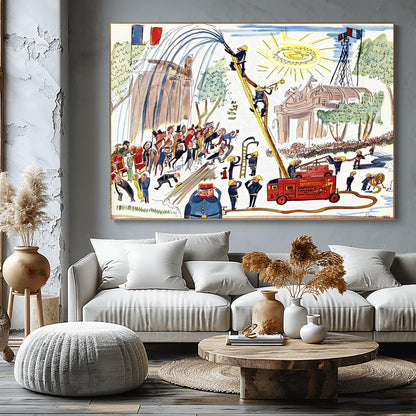 A horizontal whimsical illustration of firemen in Paris dated 1946. In the center, a red vintage fire truck from Versailles has a long yellow ladder extended high into the air. Two firemen scale the ladder; one sprays a large fountain of water while another blows a trumpet. Below, a crowd of people in suits and top hats watches the display. The background includes a stone archway, green trees, a large stylized sun, and French flags. The style uses loose black outlines and bright primary colors.