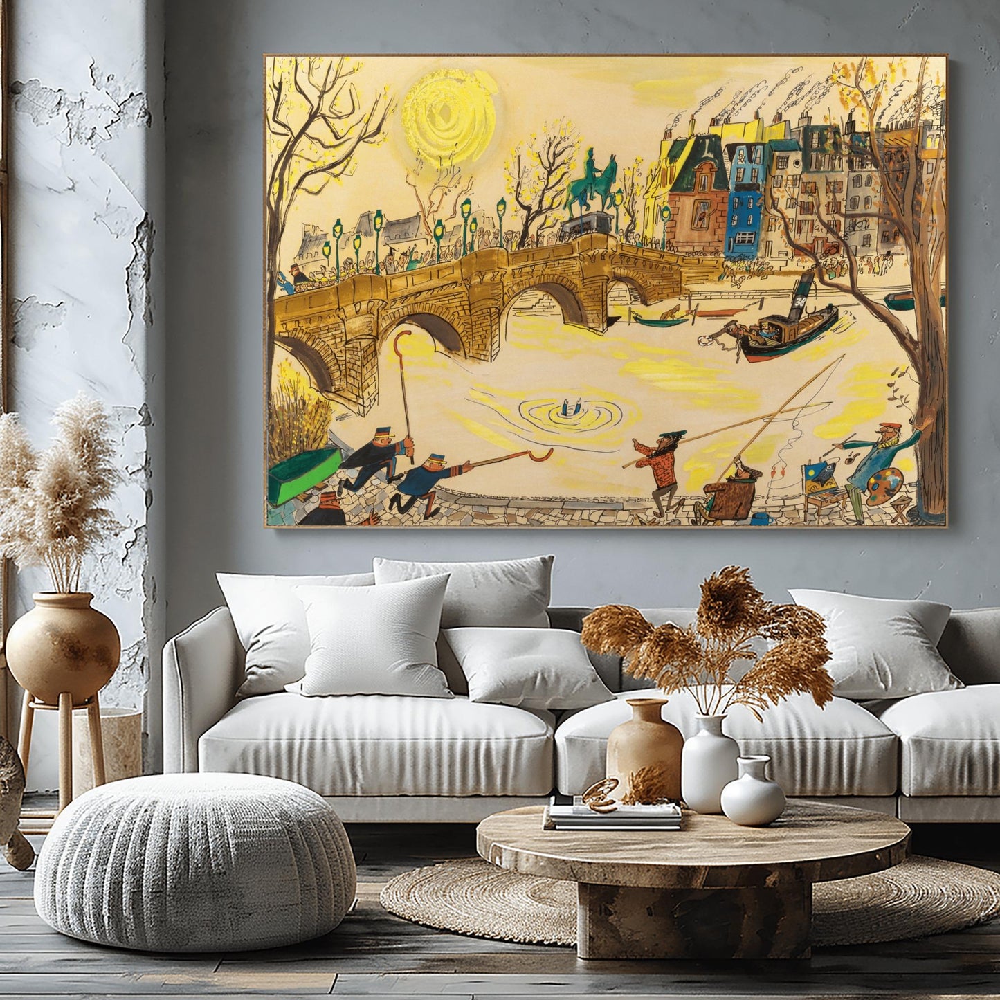 A horizontal watercolor and ink illustration in the style of Ludwig Bemelmans depicting a rescue in Paris. A large stone arch bridge spans a yellow-toned river where a person's legs are visible splashing in the water. On the bridge and the cobblestone quay, various people including officers in blue uniforms, fishermen with long poles, and an artist with a palette are rushing toward the water. In the background, colorful Parisian buildings and a large yellow sun are visible under a pale sky.