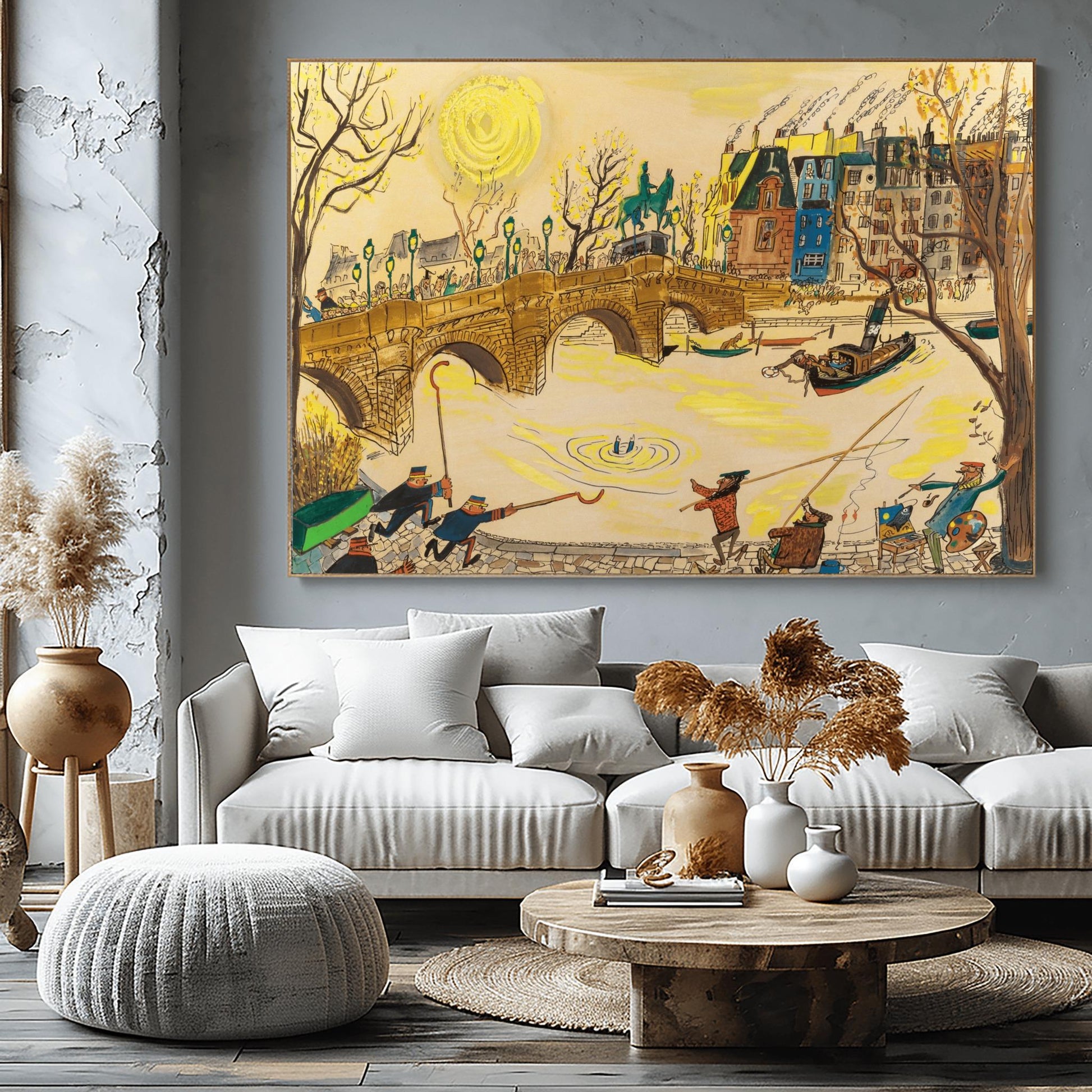 A horizontal watercolor and ink illustration in the style of Ludwig Bemelmans depicting a rescue in Paris. A large stone arch bridge spans a yellow-toned river where a person's legs are visible splashing in the water. On the bridge and the cobblestone quay, various people including officers in blue uniforms, fishermen with long poles, and an artist with a palette are rushing toward the water. In the background, colorful Parisian buildings and a large yellow sun are visible under a pale sky.
