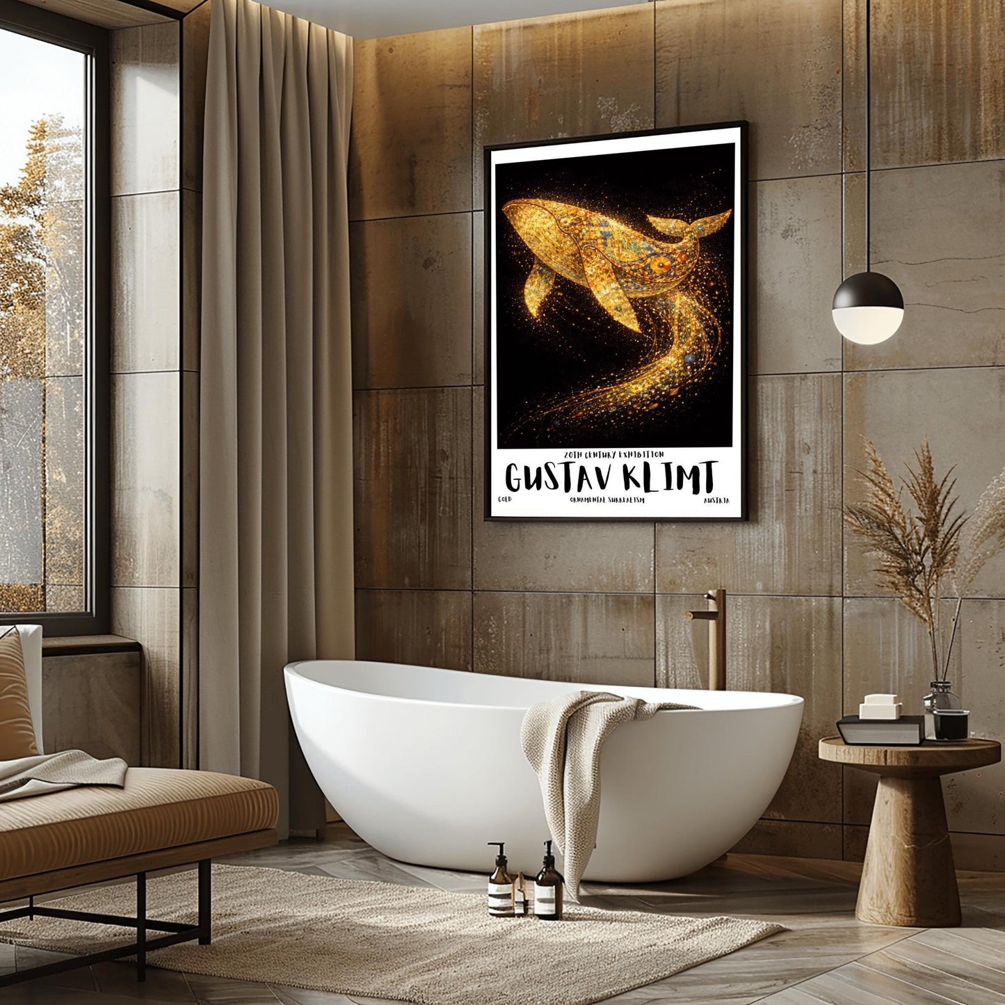 A vertical exhibition poster for Gustav Klimt featuring a large humpback whale made of golden mosaic patterns. The whale is breaching against a black background, leaving a trail of sparkling gold dust. Bold text at the bottom reads "GUSTAV KLIMT" and "Ornamental Surrealism."