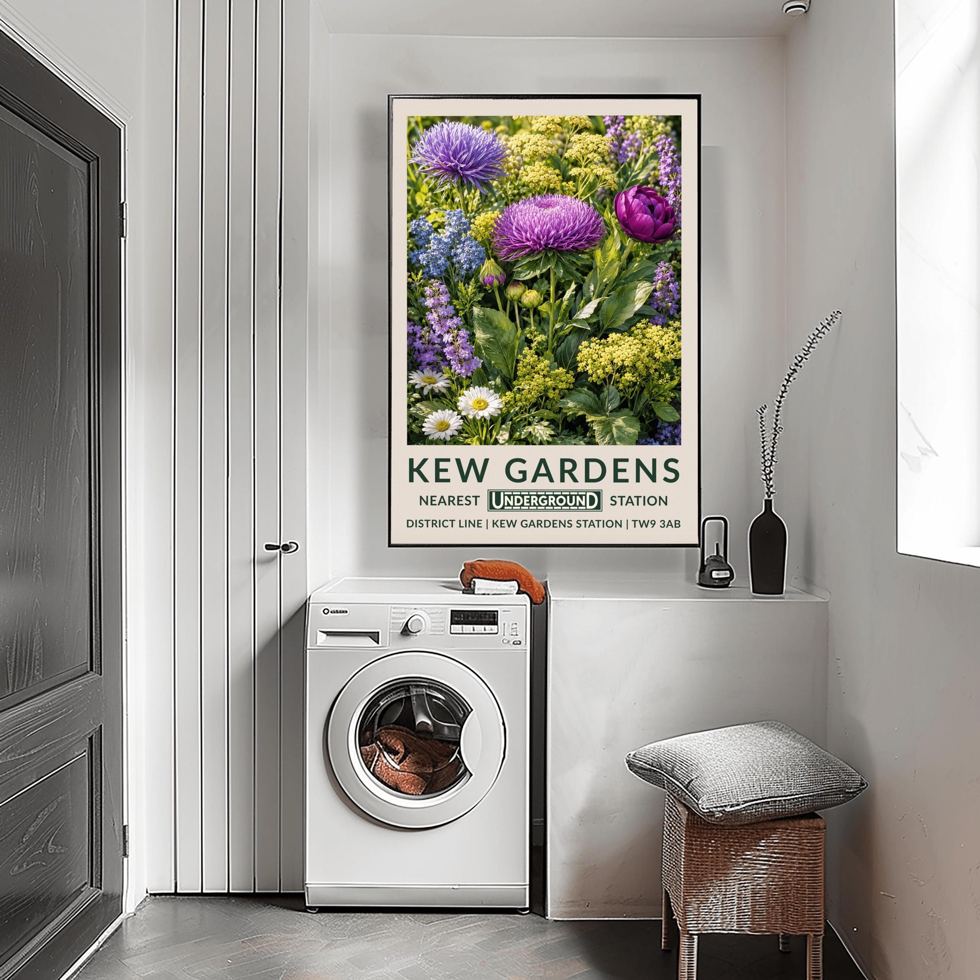 A vertical retro London Underground travel poster for Kew Gardens on a wide cream border. The top image shows a close-up, densely packed botanical illustration of a summer meadow featuring large purple asters, a magenta peony, clusters of tiny yellow dill flowers, blue forget-me-nots, and white daisies surrounded by green leaves. The bottom cream border features the text "KEW GARDENS" in dark green, followed by "NEAREST UNDERGROUND STATION" flanking an authentic boxed Underground logo