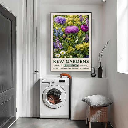 A vertical retro London Underground travel poster for Kew Gardens on a wide cream border. The top image shows a close-up, densely packed botanical illustration of a summer meadow featuring large purple asters, a magenta peony, clusters of tiny yellow dill flowers, blue forget-me-nots, and white daisies surrounded by green leaves. The bottom cream border features the text "KEW GARDENS" in dark green, followed by "NEAREST UNDERGROUND STATION" flanking an authentic boxed Underground logo