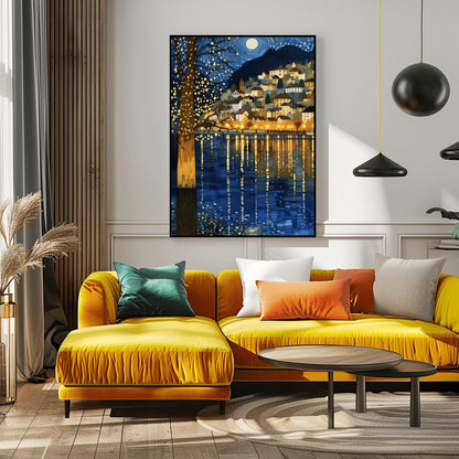 A vertical fine art painting in the style of Gustav Klimt. A coastal village with warm-lit houses is nestled on a hillside at night. A large, shimmering tree with gold-textured bark stands in the left foreground. Above, a full moon sits within a swirling blue sky of mosaic stars. The water in the foreground features long, vertical golden reflections of the village lights.