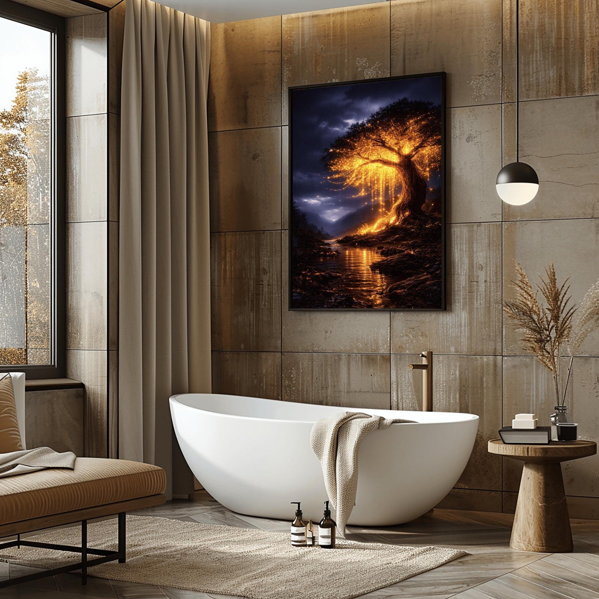 A vertical full-bleed illustration of a large weeping willow tree glowing with golden light in a stormy mountain valley. The tree stands by a dark river reflecting its gold light. The background features dark, rainy mountains and a moody indigo sky in the style of Gustav Klimt.