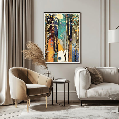 A vertical abstract painting in the style of Gustav Klimt. Tall, slender tree trunks with heavy gold-leaf textures and dark patterns rise vertically across the canvas. The background consists of vertical panels of teal, navy, and amber, resembling stained glass. Small golden orbs and stars are scattered throughout the composition, creating a glowing, celestial atmosphere.