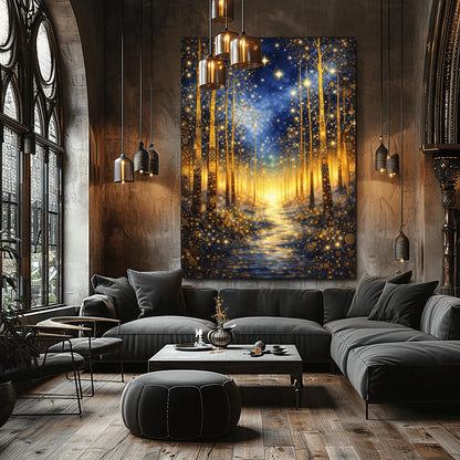 A vertical art print in the style of Gustav Klimt. It depicts a magical forest at night with tall, slender trees decorated with intricate golden swirls and geometric patterns. A shimmering golden path leads through the center toward a bright light in the distance. The dark blue sky is filled with numerous bright, glowing stars and a hazy golden nebula. The entire scene is rich with gold leaf textures and decorative mosaic details.