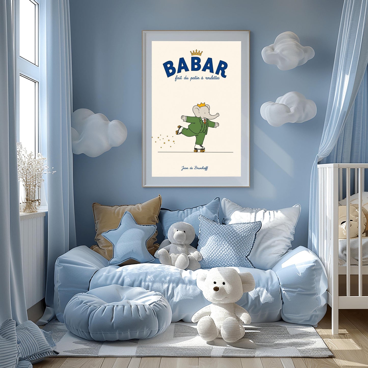 A vertical retro fine art exhibition poster titled "BABAR fait du patin à roulettes" on a wide cream border. The top "BABAR" text is printed in a bold navy blue font with a small gold crown sitting on top. The illustration shows an elephant wearing a crown and green suit balancing on one foot while wearing white roller skates with orange wheels. A trail of tiny yellow stars follows his back skate. The name "Jean de Brunhoff" anchors the bottom in blue script.