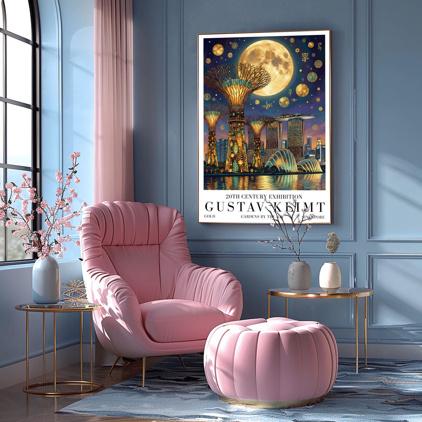 A vertical museum exhibition poster in the style of Gustav Klimt. The Supertree Grove of Singapore's Gardens by the Bay is rendered at night with intricate gold mosaic trunks. A massive moon hangs in a purple and indigo sky filled with golden symbols. Bold black text at the bottom reads "GUSTAV KLIMT" and "GARDENS BY THE BAY."