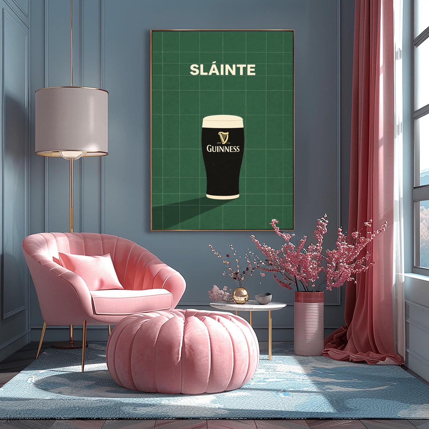 A vertical minimalist graphic with a dark green tiled background. A pint of Guinness with a gold harp logo sits at the bottom, casting a long shadow to the left. At the top, the word "SLÁINTE" is written in a bold, cream-colored font.