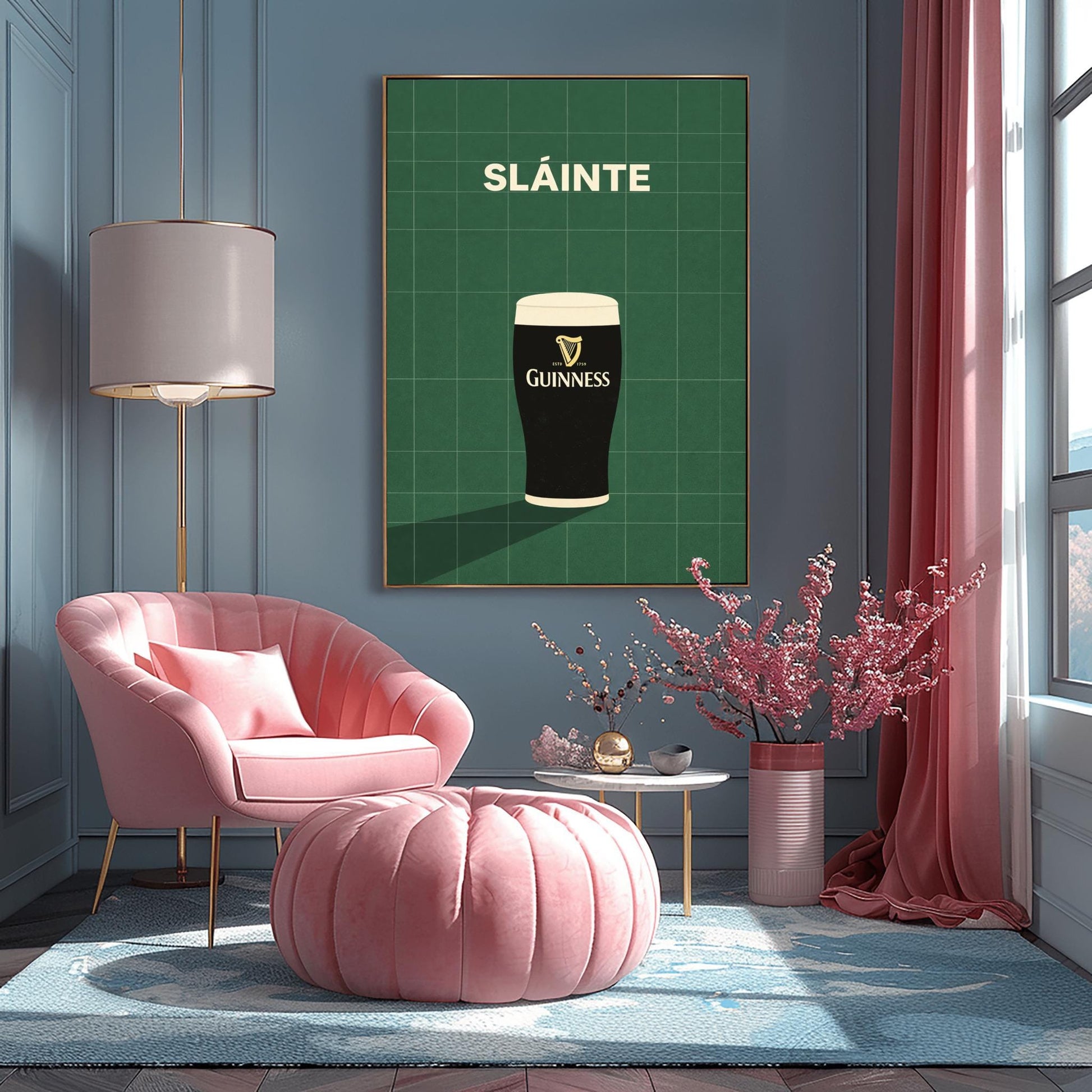 A vertical minimalist graphic with a dark green tiled background. A pint of Guinness with a gold harp logo sits at the bottom, casting a long shadow to the left. At the top, the word "SLÁINTE" is written in a bold, cream-colored font.