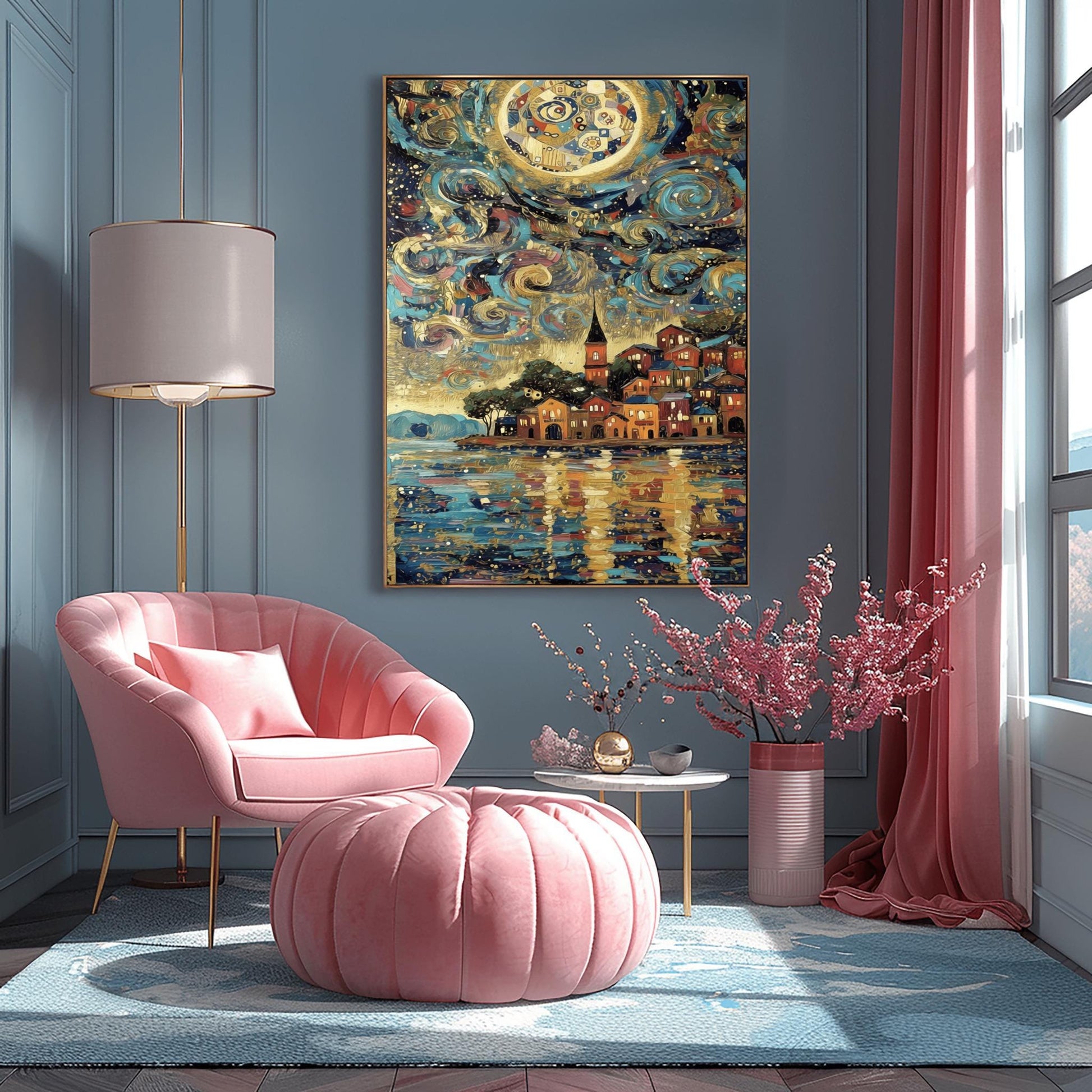 A vertical fine art print in the style of Gustav Klimt. A colorful Mediterranean village with red and orange houses sits on a harbor. The sky above is filled with thick, swirling teal and blue clouds and a large, mosaic-patterned golden moon. The water in the foreground reflects the warm lights of the village and the sky.